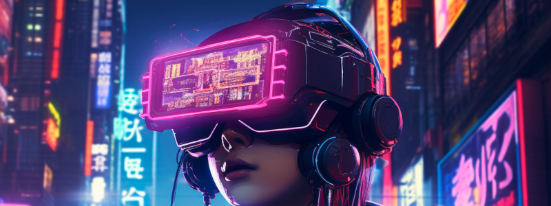 Manga illustration of a character wearing an AI headset in a city background