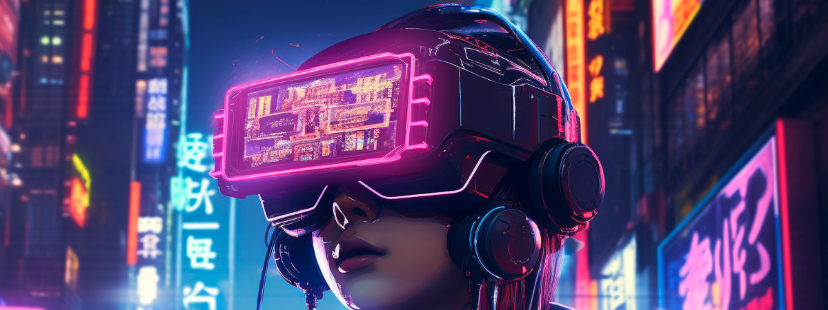 Manga illustration of a character wearing an AI headset in a city background
