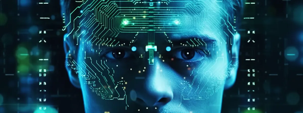 Images of a man's face overlayed with digital patterns to represent AI access control