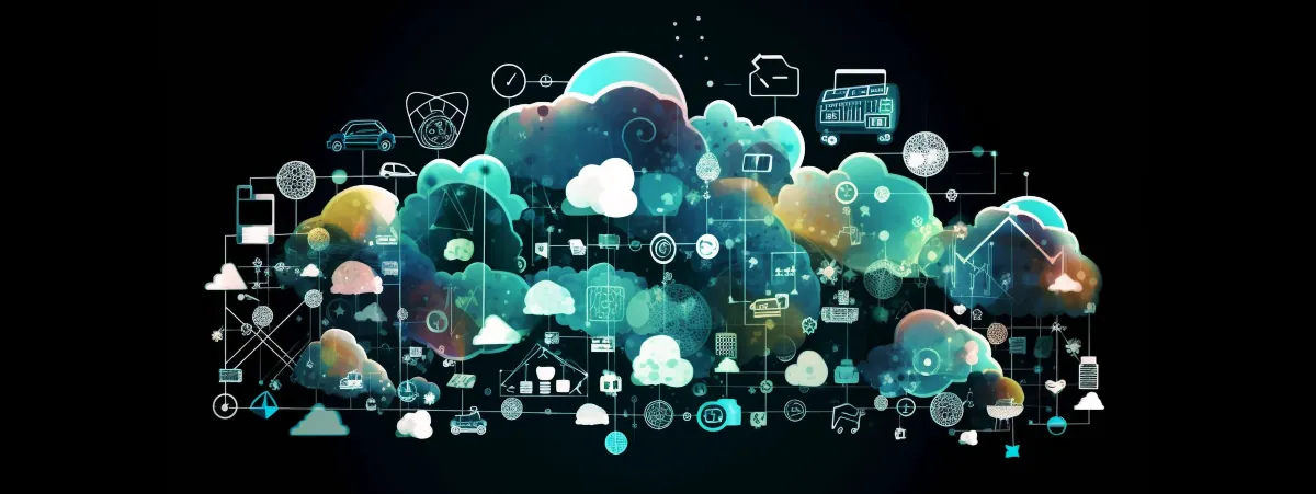 Image showing devices and application in combined with multi-coloured clouds