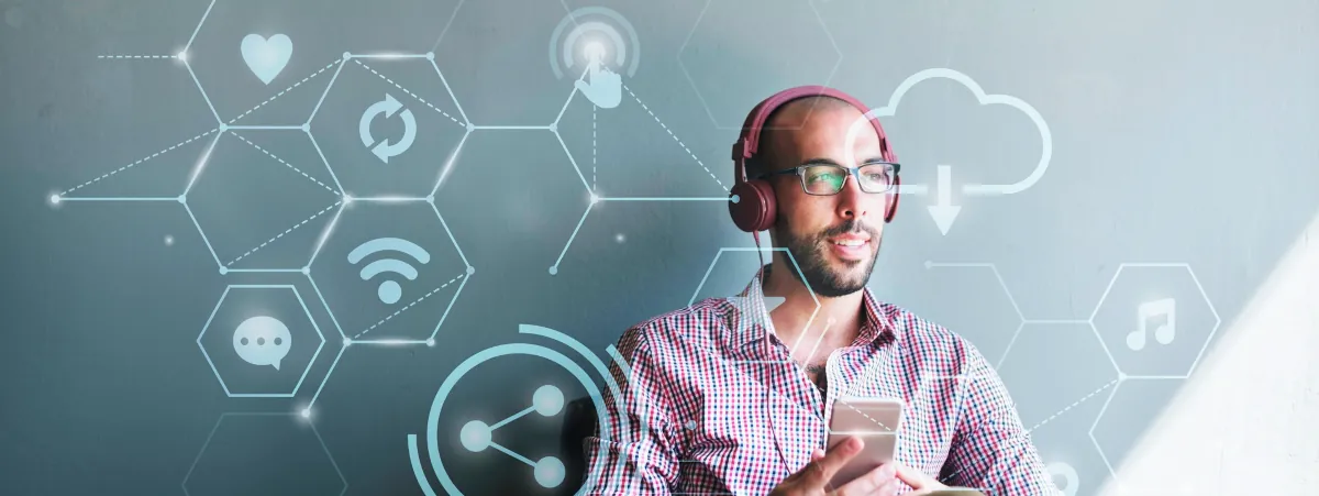 Man listening to headphones with digital services ivons overlayed